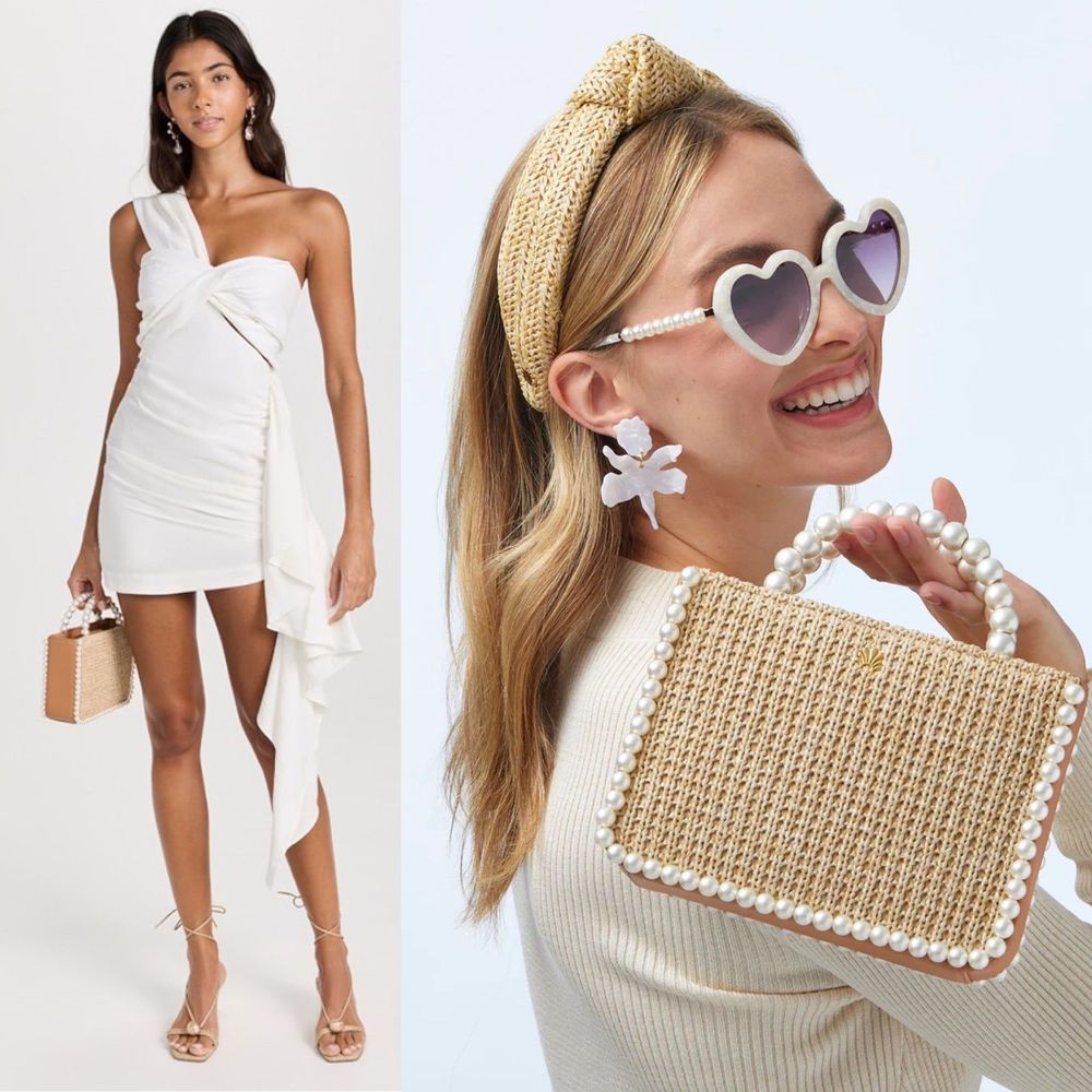 Lele Sadoughi Straw Mini Top-Handle Bag with Pearl Trim - Natural/Tan